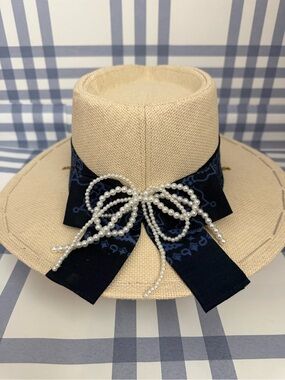 Pearl-Embellished Straw Fedora Hat with Navy Bandana Band